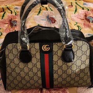 Gucci Beige and Black Satchel with Red-Green Stripe